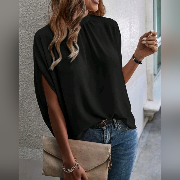 New Luxe Flowy Tie Dolman Sleeve Top Blouse Black - Picture 2 of 6